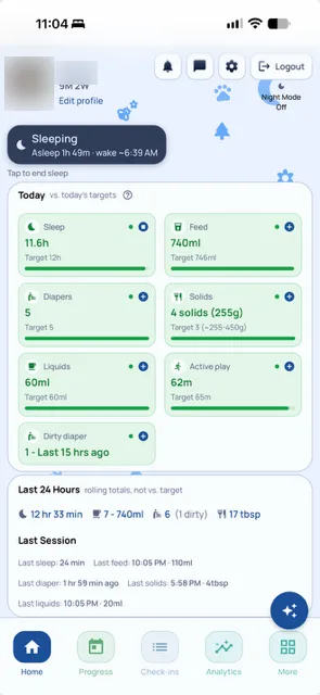 Nestly Home screen: the Today card shows sleep, feeds, diapers, solids, liquids and active play against age-based targets, each with a + to log, and the sleeping pill shows the expected wake time.